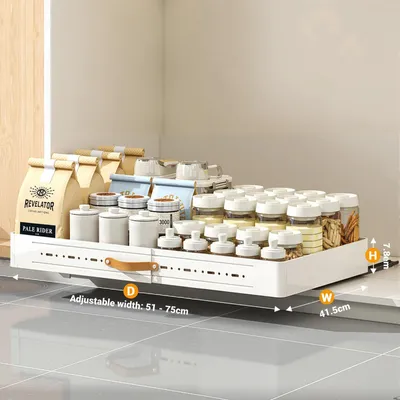 Produktbild von Schrank-Organizer - Ausziehschublade - Verstellbare Breite 51–75 cm - Erweiterbar - Robuster Kohlenstoffstahl - Für Küchenschrank und Speisekammer