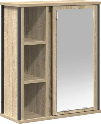A product shot of a wall-mounted cabinet with a mirror and shelves.