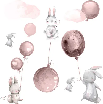 Produktbild von Wandtattoo Kaninchen, Luftballons, Wolken, mit umweltfreundlichen, geruchsneutralen Druckfarben - Wandsticker, Wandaufkleber Kinder 170 x 300 cm