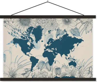 Produktbild von MuchoWow® Textilposter Weltkarte - Blau - Blumen 150x100 cm mit schwarzem Rahmen - Schlafzimmer