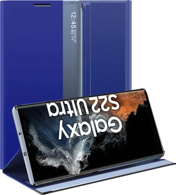 Image de Etui Samsung Galaxy S22 Ultra 5G, étui mince en cuir avec fenêtre et support pour Galaxy S22 Ultra 5G bleu