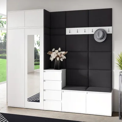 Produktbild von Garderoben-Set BERLIN – Kleiderschrank mit Polsterplatten, Schuhschrank und Schrankaufsatz 90 cm, für Flur und Eingangsbereich (Weiß, Trinity 16)