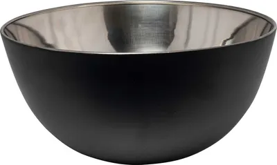 A black and silver bowl on a white background.