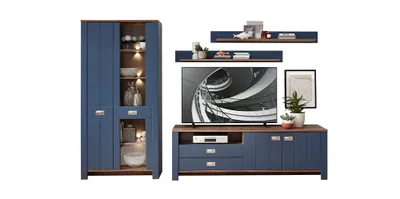 Produktbild von Innostyle Dijon Wohnwand Holzwerkstoff Parisian Blue/Haveleiche Cognac LED-Beleuchtung