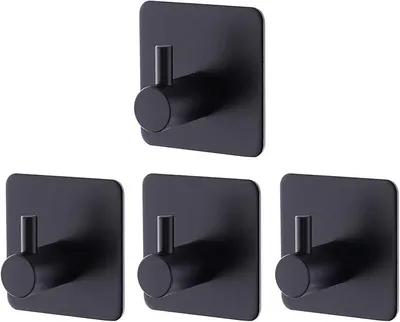Produktbild von PolkaHome® Klebende Handtuchhalter-Set, 4 Stück – Edelstahl-Wandhaken für Badezimmer & Küche, matt schwarz, ohne Bohren, 45x45 mm