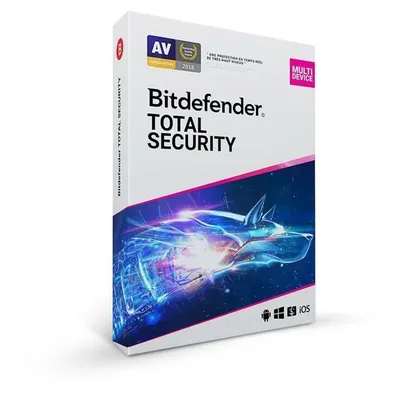 A product box for Bitdefender Total Security software.
