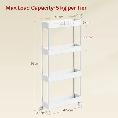 Produktbild von Küchenwagen - Servierwagen - 4 Ebenen - Schmal 12,5 cm - 360°-Rollen - Kunststoff - Weiß