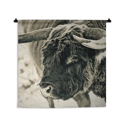 Produktbild von MuchoWow® Wandteppich Wandbehang Schottisches Hochlandrind - Schnee - Hörner 60x60 cm Tapisserie Dekoration Wandtuch - Dekorationen - Wand Decke