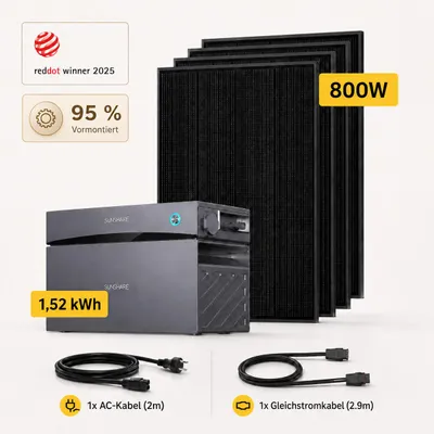 Produktbild von SUNSHARE Balkonkraftwerk 800 W mit Glory 1,52 kWh Speicher – Geländerhalterung