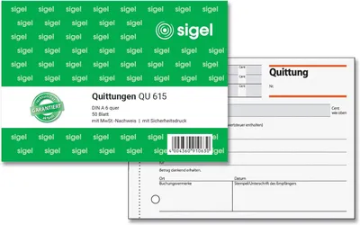 A product shot of Sigel QU615 receipts, with a close-up of the packaging and a sample receipt.
