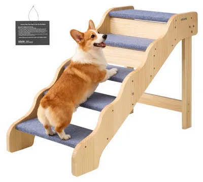 Obrázok produktu pre VEVOR schody pre psov 910 x 430 x 630 mm, 5-stupňové schody pre domáce zvieratá, drevené schody vhodné pre malé, stredné, veľké, staršie domáce zvieratá, ako aj šteniatka do 68 kg, rebrík pre psov na postele, pohovky a autá