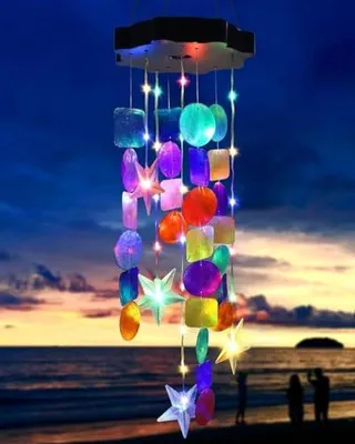 Produktbild von PolkaHome® Solar-Windspiel mit 21 LED-Leuchten, Muscheln und Sternen – 80 cm Höhe, wasserfest, für Außen