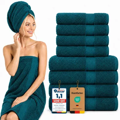 Produktbild von Komfortec 8er Handtuch Set aus 100% Baumwolle, 4 Badetücher 70x140 und 4 Handtücher 50x100 cm, Frottee, Weich, Towel Groß, Petrol