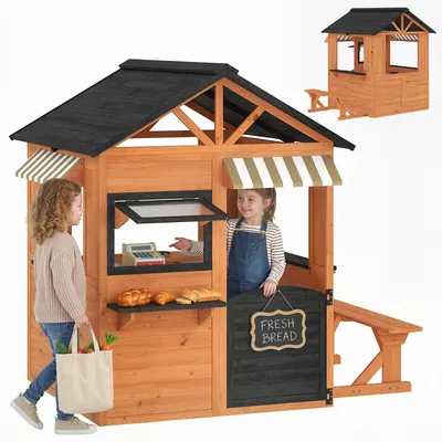 Produktbild von AIYAPLAY Kinderspielhaus aus Holz Spielhaus Outdoor mit Spielküche Bank Braun