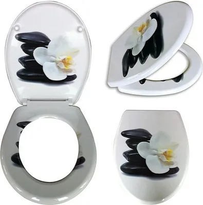 A collage of images showing a toilet seat with a decorative design of stacked stones and a white orchid.
