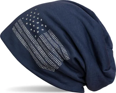 Produktbild von styleBREAKER Beanie Mütze USA Flaggen Design mit Strass-Applikationen, Uni, Jersey leicht Übergang Frühling Herbst