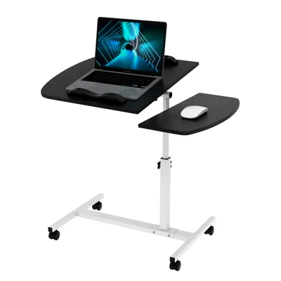 A black adjustable height laptop table with wheels, shown with a laptop and a mouse on it, against a white background.