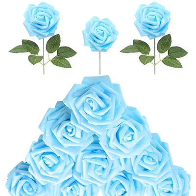 Produktbild von 30 Stück Babyblaue Rosen aus Schaumstoff, künstliche Rosen mit Stielen, künstliche Rosen mit künstlichen Blumen für DIY-Hochzeitssträuße, Babyparty-Tischdekorationen, Blumendekoration für Partys und Zuhause (Hellblau)