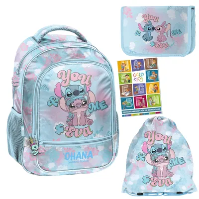 Produktbild von Schulranzen für Jungen und Mädchen, 4er-Set - Schul-Rucksack für Kinder mit Federmäppchen - Schuhbeutel und Hausaufgabenheft - Stitch Motiv