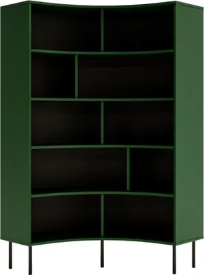 A green corner bookshelf with black legs against a white background.