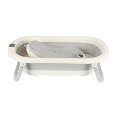 A foldable baby bathtub with a support cushion inside, shown from a front-side angle on a white background.