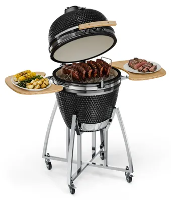 Produktbild von Klarstein Kamado-Grill - zum Grillen, langsamen Garen, Smoken oder Backen, abnehmbare Seitenteile, Keramik, Edelstahl, Bambus, Thermometer von 0-450 °C, 3 Rollen, 75 x 132 x 125 cm, schwarz