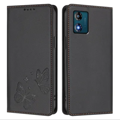 Produktbild von Lederhülle für Motorola Moto E13, Schmetterling Prägung Leder Brieftasche Schutzhülle mit Ständer Schwarz