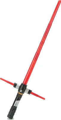 A toy lightsaber with a red blade and a black and gray hilt, presented against a white background.