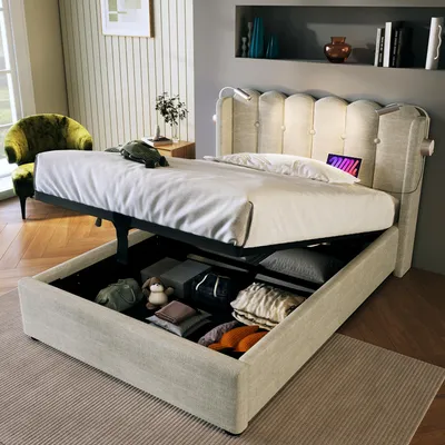 Image de OKWISH Lit coffre 90 x 200 cm – Système de levée à gaz – Sans matelas – Beige