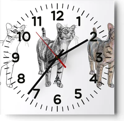 Produktbild von Wanduhr - Quadrat - Glasuhr - Katzen Tiere Kinder Illustration - 30x30cm - Schleichendes Uhrwerk - Lautlos - zum Aufhängen bereit - Dekoration Modern - Wanddekoration aus Glas - C4AC30x30-3211