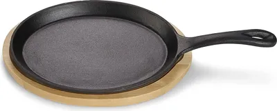 Produktbild von Servierpfanne aus Gusseisen, Servierpfännchen, Mini Pfännchen mit Servierbrett, Kleine Grillpfanne, Bereits eingebrannt, Für Backöfen, Grill, BBQ und Induktion geeignet, Ø 24 x 17,7 cm