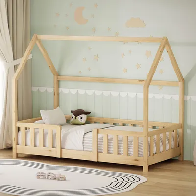 Obrázok produktu pre Detská posteľ ML-Design 80 x 160 cm s ochrannou bočnicou, strieškou a roštom, posteľ Montessori v prírodnom štýle z masívneho borovicového dreva, posteľ v tvare domčeka pre dievčatá a chlapcov