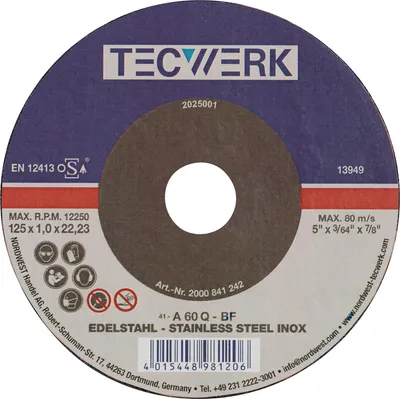 Image de Disque à tronçonner INOX D125 x 1 mm, alésage INOX 22,23 mm TECWERK