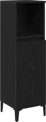 A black wooden cabinet with a shelf and a door, standing on four legs.