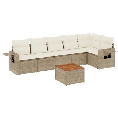 Produktbild von 7-tlg. Garten-Lounge-Set, modular mit Stauraum, wasserabweisende Beutel, Poly Rattan Beige, Akazienholz-Tisch, Cremeweiße Kissen