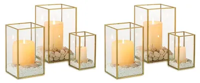 Zdjęcie produktu dla Zestaw sześciu szklanych świeczników, złoty kolor, wysokość: 20,5 cm / 16,6 cm / 12 cm