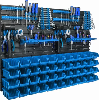 Immagine prodotto di Pannello porta attrezzi da appendere 115x78cm con 44 pezzi. Scatole blu montate a parete con set di supporti in plastica