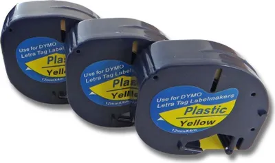 Produktbild von vhbw 3x Schriftband-Kassette kompatibel mit Dymo LetraTag Plus LT-100T, XM, 2000, LT-100H Etiketten-Drucker 4m x 12mm Schwarz auf Gelb