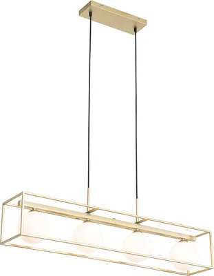 A modern, rectangular pendant light fixture with a gold-colored metal frame and four frosted white glass globe lights.