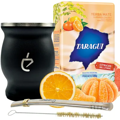 Immagine prodotto di Kit yerba mate Un Mate Citrus – tazza Jungle 230 ml, Taragüi Cítricos 500 g, bombilla e spazzolino