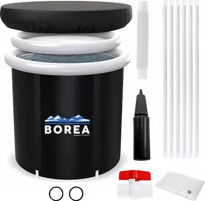 A black inflatable hot tub with accessories laid out around it on a white background.