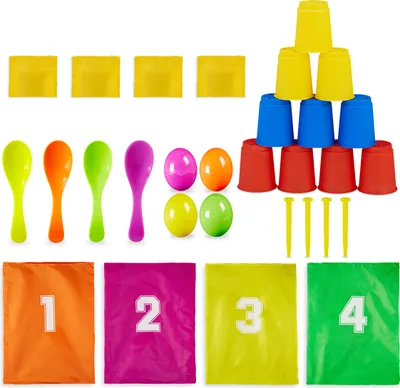 Produktbild von Relaxdays 10028884 Kinderparty, 3 in 1 Set, Garten Spiele für Kindergeburtstag, Sackhüpfen, Eierlaufen, Dosenwerfen, bunt, Mehrfarbig