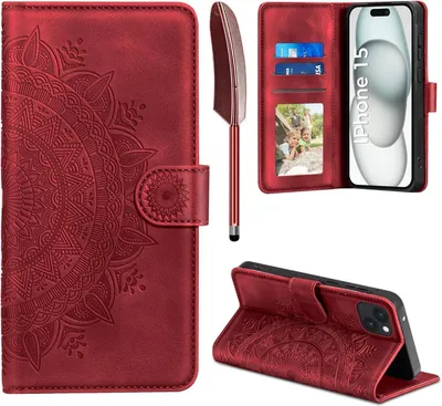 Produktbild von EASDNB iPhone 15 Lederhülle Wallet Case mit Standfunktion und Prägung, Rot 6.1 Zoll