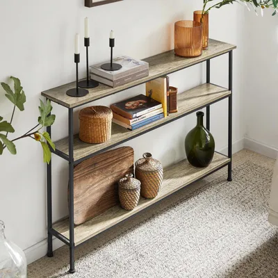 Obrázok produktu pre Konzolový stolík – úzky stolík do predsiene/odkladací stolík 120 x 20 x 77 cm – 3 odkladacie plochy – kovová konštrukcia – obdĺžnikový – svetlošedý