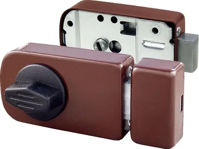 A close-up studio shot of a brown door lock mechanism with a black knob, set against a white background.