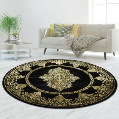 Zdjęcie produktu dla Dywan do salonu z motywami ornamentowymi w kolorze czarno-złotym, rozmiar – 200 cm (okrągły)