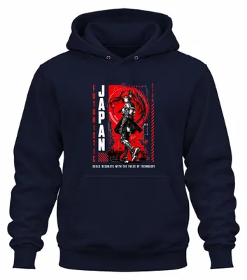 Imagen del producto de Sudadera con capucha estilo manga, diseño "Chica cyborg de anime futurista, Japón 2150, estética Y2K", color azul marino, talla M