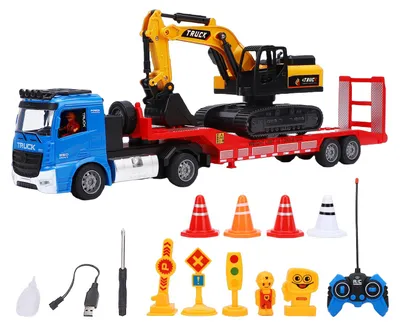 Produktbild von RC-Baufahrzeug mit Bagger-Set, 6-Kanal-Fernsteuerung, Baufahrzeug-Modellbausatz mit Sprüheffekt, Sound und Lichtern, blau