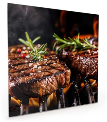 Produktbild von Küchenrückwand Spritzschutz Glas mit Motiv Gegrillte Steaks 40 x 40 cm