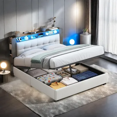 Produktbild von ProximaX Polsterbett 140x200cm mit Lattenrost, Hydraulisches Boxspringbett mit Stauraum, Stauraumbett Doppelbett mit Stauraumkopfteil und LED, Beige